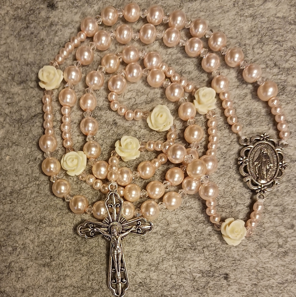 Beaded Rosary Necklace Light pink pearls,clear crystals and Ivory Rose beads